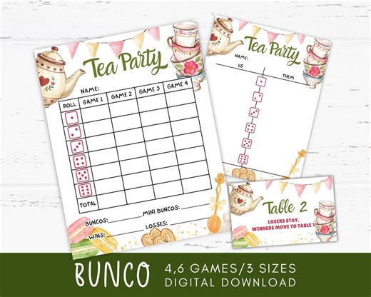Tea Party Bunco Score Card Bundle Printable, Tally Sheets, Tea Party Activities, Theme Party Games for Adults, Themed Birthday Party Favors - Etsy
