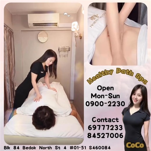 Hi everyone I’m Coco from China. I have many years of massage experience in China. Discover why we have been rated 5 stars by our clients. End your day with a great massage and prepare yourself for a restful night. Please support me. I'm waiting for you🌹 Kang Yuan-Your choice for the source of health! 健康之源 你的选择 康源！ 📞：6977 7233 📲：8452 7006 📍：Blk 84 Bedok North Street 4 *01-51 Singapore 460084 (85 Fengshan Centre 凤山巴刹正前方也在天桥正对面) www.healthypathspa.com.sg #healing #massage #singapore #favourite