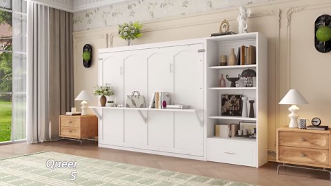 Harper & Bright Designs Gray Wood Frame Queen Size Murphy Bed Wall Bed with Left-Side or Right-Side Storage Bookcase and Adjustable Shelf LHC182AAE
