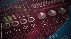 China. Statistics, infographics, financial market data, analysis and reports, numbers and graphs on chinese waving flag 4K.