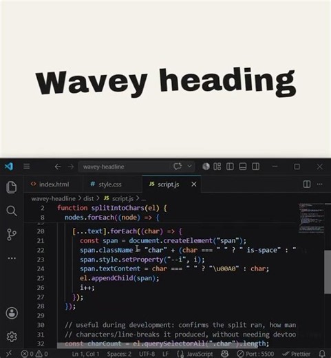 How to create Wavey heading by using HTML,CSS and JAVASCRIPT in VS code.