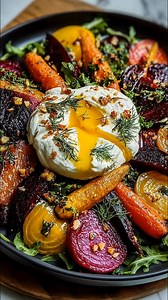 Vibrant Roasted Beets & Carrots with Creamy Burrata Salad 🥕🧀 Ingredients: - 2 large beets, peeled and cut into wedges - 4 medium carrots, peeled and sliced - 2 tablespoons olive oil - 1/2 teaspoon sea salt - 1/4 teaspoon black pepper - 1 tablespoon balsamic vinegar - 8 ounces burrata cheese - 2 cups arugula - 2 tablespoons chopped fresh herbs (parsley or dill) - 1 tablespoon toasted pistachios Instructions: 1. Heat your oven to 425°F. 2. Toss beets and carrots with olive oil, salt, and pepper 