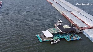 Aerial view: A barge slammed into Ludlow Bromley Yacht Club sinking a large portion of it Wednesday. 'Likely a total loss': https://bit.ly/2orJNK0 Photos: https://bit.ly/2mUnBI1 | Enquirer - Cincinnati and Kentucky