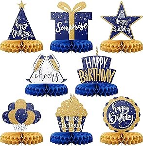 Happy Birthday Table Decoration Centerpieces - 8 Pieces, Blue & Gold - Double-Sided Happy Birthday Centerpieces for Tables - Party Supplies for Elegant Birthday Decorations - by PixiPy