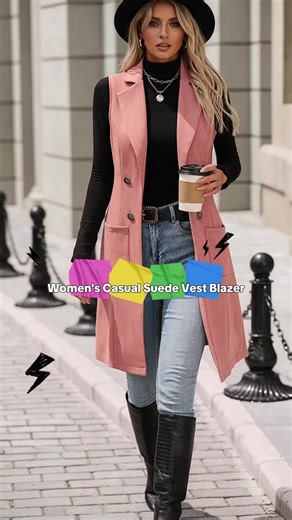 Women's Solid Button Decor Lapel Neck Suede Vest Blazers, Casual Fit Sleeveless Pocket Open Front Longline Outerwear for Spring & Fall, Ladies Clothes for Daily Wear, Minimalist Aesthetic Womenswear, Trendy Blazer.#OOTD #OOTD