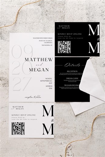 Modern Monogram Wedding Invitation Template, Black and White, Canva Editable (digital Download - Etsy