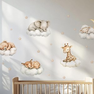 Stickers muraux Animaux endormis – Adorable décoration aquarelle pour chambre de bébé, thème nuages rêveurs et étoiles, art mural réutilisable non toxique - Etsy France