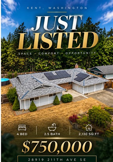 👀 WAIT… THIS IS $750K IN KENT, WA?! 🏡 If you’ve been looking for SPACE, PRIVACY and NO HOA, stop scrolling. ✋🏼 📍 Kent, Washington 🏡 4 Bedrooms | 2.5 Baths | 2,130 Sq. Ft. 🔑 ONE-LEVEL LIVING 🏊‍♂️ Pool huge fenced backyard 🛠️ Outbuilding 🚗 2-car garage ☀️ Solar panels ❄️ Central A/C ⚡ Generator ready 🚫 NO HOA 💰 Offered at $750,000 Now the real question? 🤔👇🏼 Would you rather have a newer home on a tiny lot? or THIS much space and freedom for $750K? 👀 If you’re searching for a home fo