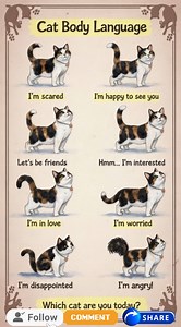 😺 Cat Body Language Explained | Meow Mind 🐾 Your cat is always talking — just not with words 😼 Learn these body language signals to understand your cat’s mood, needs, and feelings ❤️ 🐾 Tail straight up – happy & confident 😼 Fast tail flicks – annoyed or overstimulated 👀 Slow blinking – love & trust 🙀 Ears flat or sideways – fear or anger 😺 Relaxed whiskers & body – calm and comfortable 😾 Arched back & puffed fur – scared or defensive Reading your cat’s body language helps you avoid bite