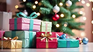 Christmas presents close-up on the background of a Christmas tree with lights. Heap of colorful presents with ribbons and bows. Christmas animation