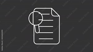 Document review white line animation. Magnifying glass examining paper animated icon. Quality control. Fact check. Isolated illustration on dark background. Transition alpha video. Motion graphic Stock Video