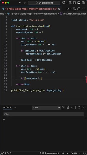 Stop using Dictionaries for THIS in Python #programming #python #coding Most developers solve the 'First Unique Character' problem using a Hash Map or Dictionary. While that works, it consumes significant memory overhead for the data structure. In this video, I show you a 'low-level' optimization using Bit Manipulation. By using just two integers and bitwise operators, we can track character frequency with zero Dictionary overhead. This is a great technique for constrained environments or just t