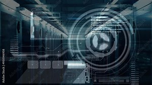 Data processing animation over server room with digital interface elements