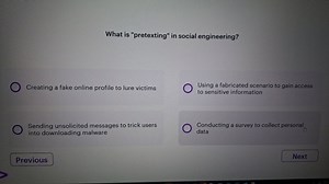 What is "pretexting" in social engineering?Creating a fake on... | Filo