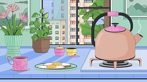 Cozy morning kitchen with breakfast and boiling kettle lofi animation cartoon wallpaper. Fried eggs toasts, houseplants by window. Lo fi 2D animated background 4k video. Concept chill aesthetic