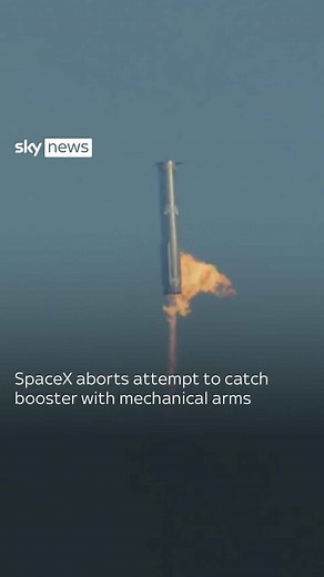 The SpaceX Starship rocket booster splashed down in the Gulf of Mexico after SpaceX operators decided the criteria had not been met for the tower to catch the booster #SpaceX #Rocket #ElonMusk | Sky News