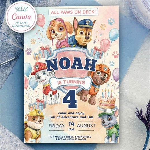 Paw-ty Birthday Invitation Template, Puppy Patrol Theme, Editable Canva Download - Etsy