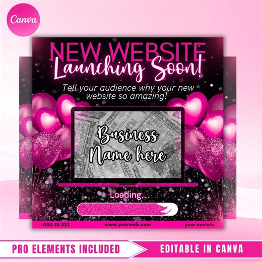 Pink Glitter Website Launch Flyer Template, Business Grand Opening Social Media Post (digital Download) - Etsy