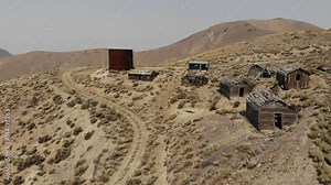 The Ghost Town and Mining Camp of Jumbo Nevada - Aerial Drone. The Jumbo Mine is a former gold mine located in the Slumbering Hills region, 30 miles northwest of Winnemucca.