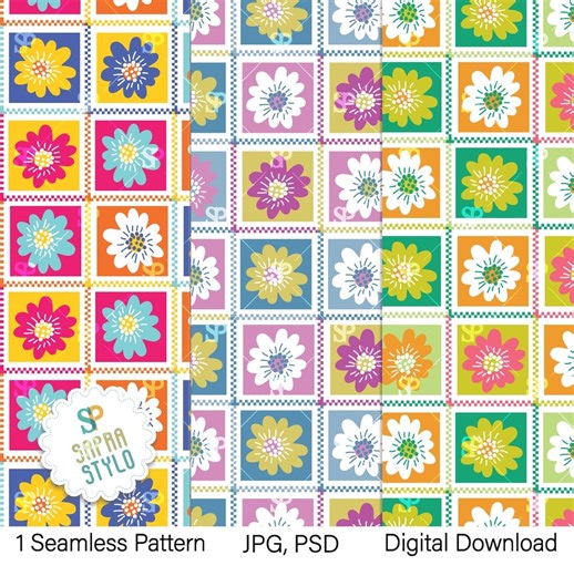 Retro Floral Seamless Pattern, Patchwork Grid, Summer Vibe (digital Download) - Etsy
