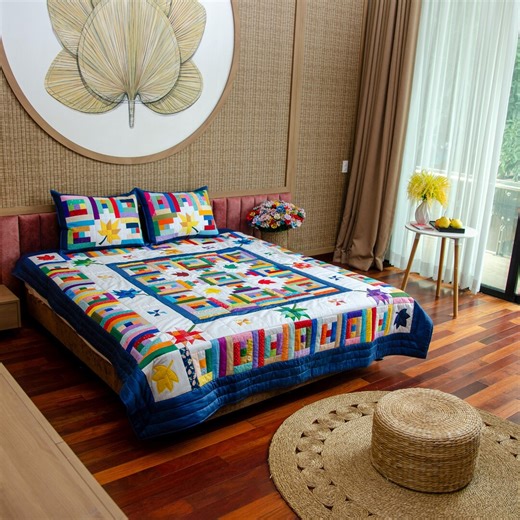 Hand Pieced Maple Leaf Patchwork Quilt Set, Handmade Cotton Bedding With Pillow Covers - Etsy