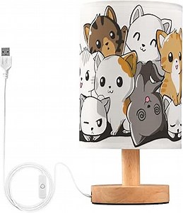 Table Lamp Cute Cartoon Cat Kitten Kitty Nightstand Lamp with Wood Base Fabric Lamp Shade Bedside Desk Lamp for Living Room Bedroom Kids Room Office