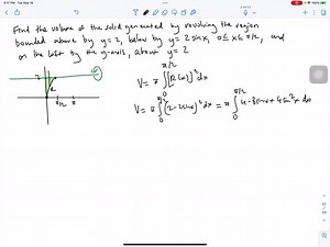 SOLVED:Find the volume of the solid generated by revolving about the y axis the area between the first arch of the cycloid x=θ-sinθ, y=1-cosθand the x axis. Use the shell method. From Fig. 41-14,  V     =2 π∫θ=0^θ-2 π x y d x=2 π∫0^2 π(θ-sinθ)(1-cosθ)(1-cosθ) d θ     =2 π∫0^2 π(θ-2 θcosθ θcos^2 θ-sinθ 2 sinθcosθ-cos^2 θsinθ) d θ     =2 π[(3)/(4) θ^2-2(θsinθ cosθ) (1)/(2)((1)/(2) θsin2 θ (1)/(4) cos2 θ) cosθ sin^2 θ (1)/(3) cos^3 θ]0^2 π      =6 π^3  cubic units   Fig. 41-14 (Figure Cant Copy)