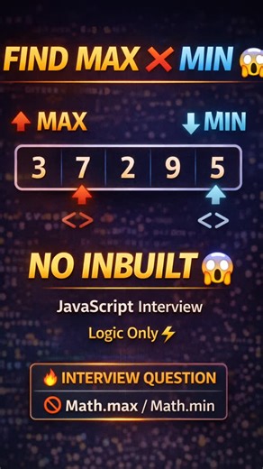 coding_updates on Instagram: "earn how to find the maximum and minimum number in JavaScript without using inbuilt functions. This is a must-know logic for coding interviews and real-world problem solving. 👉 Clean loops 👉 Reusable functions 👉 Interview-ready solution Subscribe for more JavaScript, Angular & Backend tips 🚀 #JavaScript #CodingInterview #JavaScriptShorts #WebDeveloper #jslogic"
