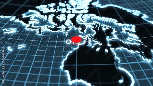 Tracking shot zoom pan of digital globe map highlighting red location marker over northern canada on neon grid projection