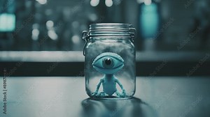 Small and sad, lonely blue alien with one eye sitting locked in a jar on the table in a laboratory. Sci-fi movie cinematic footage.