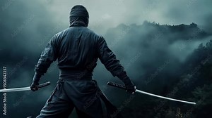 back view of ninja with swords on mountain background with fog