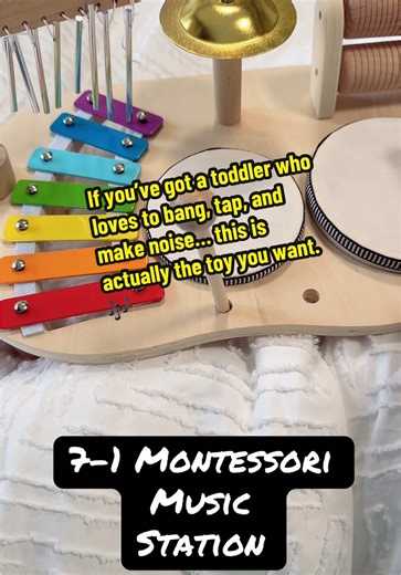 If you’ve got a toddler who loves to bang, tap, and make noise… this is actually the toy you want. 🎶🥁 This 7-in-1 Montessori musical instrument set keeps little hands busy while helping develop rhythm, coordination, and sensory learning. It includes drums, xylophone, chimes, cymbal, and more—all in one adorable wooden station. Perfect for ages 1–3, made from natural wood and non-toxic materials, and honestly… way cuter than most plastic toys. Great gift idea for birthdays, holidays, or keeping