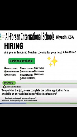 Al Forsan International Schools Riyadh Saudi Arabia Alizdihar Campus, Jeddah Campus, Alrakah Campus, Alqirawan Campus Applying Link:- https://fis.sch.sa/careers/ #alforsaninternational #alforsan #alforsaninternationalschools #alforsaninternationalschooljobs #teachingjobsinsaudiarabia #ksateachingjobs #internationalteachingjobs #teachingjobsinksa #SaudiArabiaJobs #saudiarabialatestjobs #educationworld21 #educationworld #teacherrequired #SaudiArabiaJobs #ksajobs #KSAJobs2025 #LatestJobsinsaudiarab