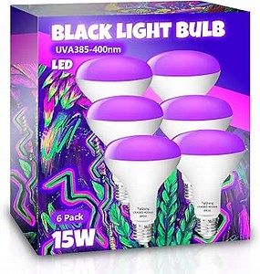6 Pack Black Light Bulbs, Blacklight Bulb 120W Equivalent, E26 BR30 LED Black Light Bulb 385-400nm for Halloween Christmas Decorations, Body Paint, Glow in The Dark Party, Fluorescent Poster