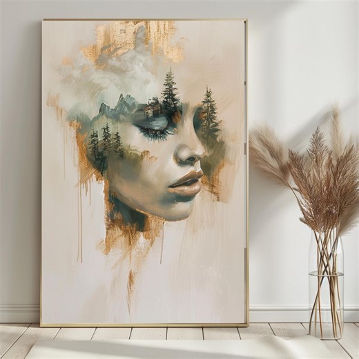 Abstract Woman Forest Wall Art, Feminine Nature Portrait, Modern Neutral Art Print, Forest Woman Artwork, Luxury Home Decor - Etsy