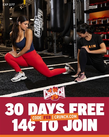 Crunch Winter Park on Instagram: "🚨 14¢ TO JOIN + 30 DAYS FREE 🚨 Join Crunch today with promo code "FEB" at Crunch.com and train with state-of-the-art equipment, world famous group fitness, industry-leading personal training, miles of cardio, and recovery amenities that keep you feeling strong. Memberships start at $9.99/month. 500+ locations nationwide. Offer ends 2/17."