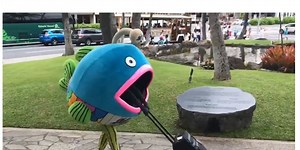 Here's the NPB fish mascot casually pushing a suitcase with hands protruding from inside its mouth
