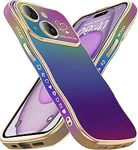 Designed for iPhone 15 Plus 6.7'' with Love Heart Pattern & Cute Curly Wave Frame [Full Camera Protection] Colorful Frosted Shockproof Phone Case for Girls,Gradient-Purple