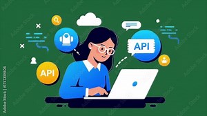 Programmer Using Laptop With API Icons, Illustrating Software Development and Technology Concepts