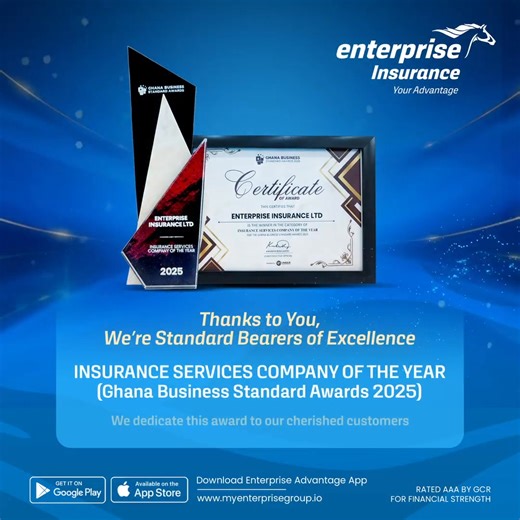 23 reactions | We have been awarded Insurance Services Company of the Year at the Ghana Business Standard Awards 2025; a recognition we proudly share with you, our valued customers. Your trust, loyalty, and belief in our service continue to inspire us to uphold the highest standards of excellence in everything we do. Thank you for making us your preferred insurer. This award is for you, our true partners in success. | Enterprise Insurance | Facebook