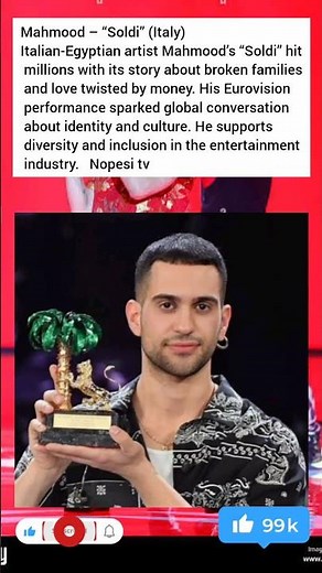 Mahmood – “Soldi” (Italy)Italian-Egyptian artist Mahmood’s “Soldi” hit millions with its story about