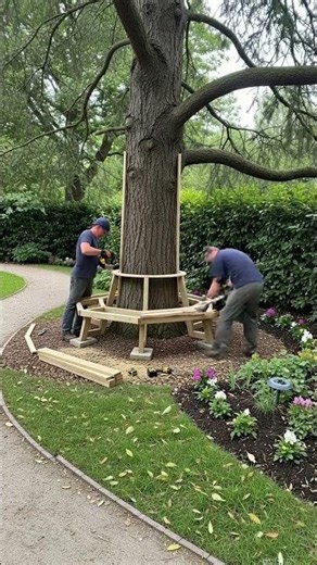 Ultimate Garden Transformation 🌳 Circular Tree Bench Build Timelapse #Shorts