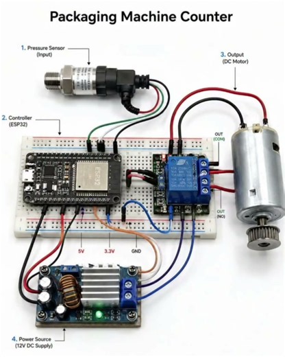 Packaging Machine Counter System using ESP32, Pressure Sensor, Relay Module, and DC Motor
