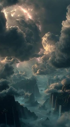 Amazing floating islands with dark storm clouds