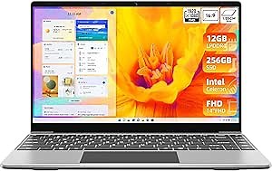 laptop 14", Quad Core Celeron J4105 CPU, 256GB SSD 12GB RAM, Lightweight Computer with FHD 1080P Display, 2.4G+5G WiFi, BT4.0, Dual Speakers, 35.52WH Battery, HDMI, Windows 11 Laptops, 16:9, Gray.