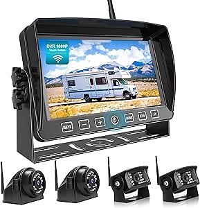 Fookoo HD 7" Wireless Backup Camera System, 1080P 7" Quad Split Screen Monitor, IP69 Waterproof Side Rear View Cameras, Parking Lines, Loop Recording, Digital Signal for RV/Trailer/Truck/Bus (DW7T4)