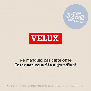 Passez à une fenêtre de toit motorisée VELUX et obtenez jusqu'à 325€ remboursés* * Inscription avant le 30/11/2024. Modalités complètes sur velux.fr/remplacement | VELUX