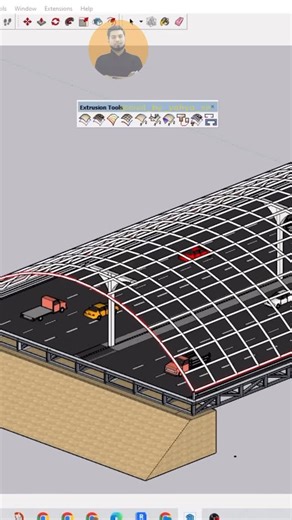 Simplified Academy on Instagram: "“🚨Software - Sketchup🚨 🛣️⚙️ Parametric Roadway Design in SketchUp using Extrusion Tools 🚧 How I Created a Parametric Structure Over Roadways in SketchUp: ✅ 1. Drew Road Base Layout 🗺️- Plotted the road alignment with curves and guidelines. ✅ 2. Designed Parametric Profile 📐- Created a modular design profile (arches, roofs, or canopies) that adapts to road curvature. ✅ 3. Used Extrusion Tools 🧰-Applied Fredo6’s Extrude Tools to sweep the parametric profile