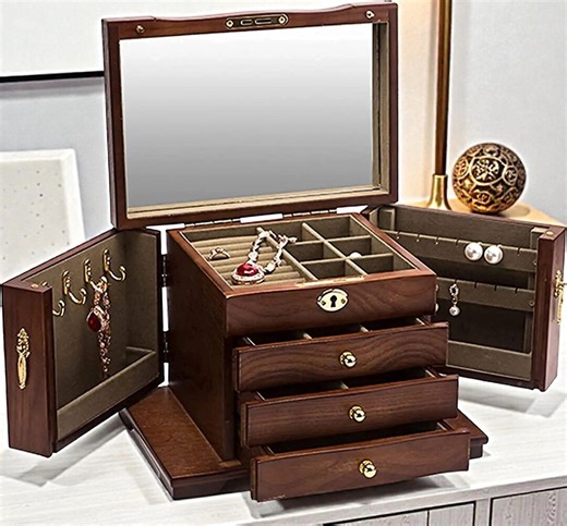 Large Wooden Jewelry Box Organizer With Mirror, 5-tier Vintage Chest Storage Case - Etsy