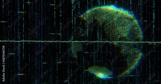 Cascading streams initiating pulsing waveform morphing cluster into rotating globe visualizing data